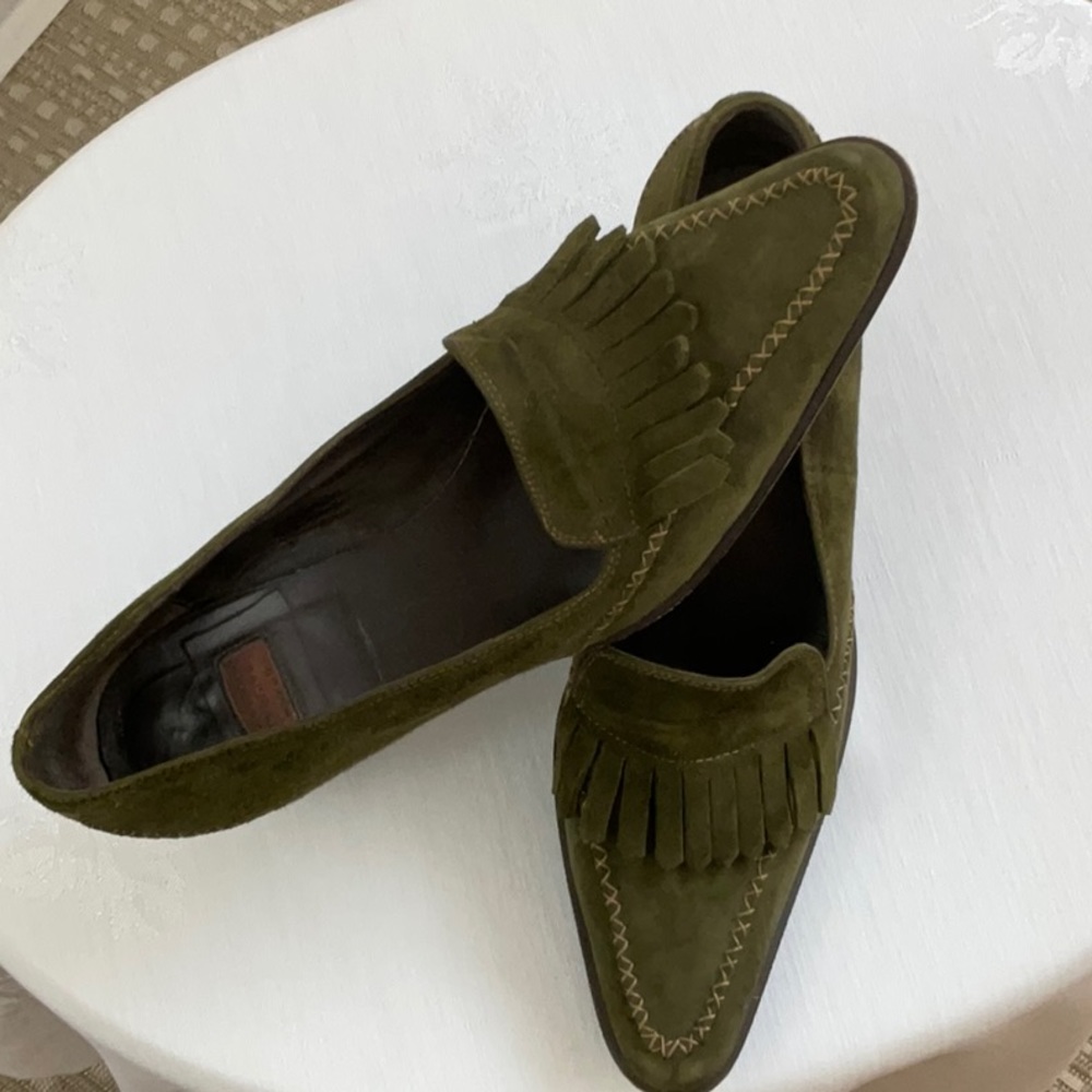 Vintage Green Suede Low Heels with Fringe